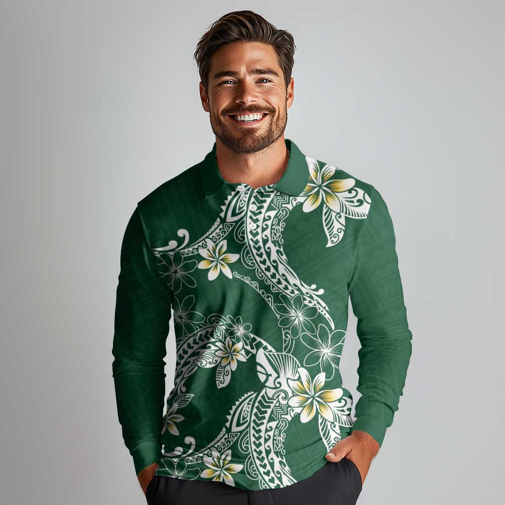 Polynesian Hawaiian Plumeria Tribal Pattern Long Sleeve Polo Shirt Green Version