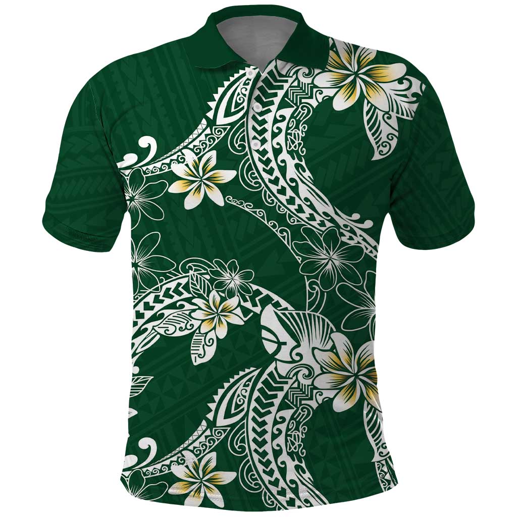 Polynesian Hawaiian Plumeria Tribal Pattern Polo Shirt Green Version