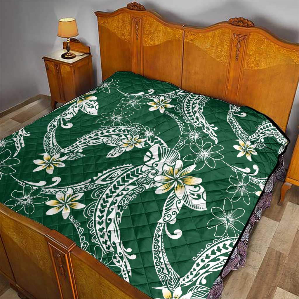 Polynesian Hawaiian Plumeria Tribal Pattern Quilt Green Version