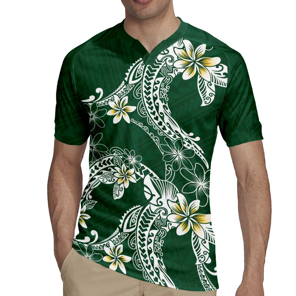Polynesian Hawaiian Plumeria Tribal Pattern Rugby Jersey Green Version