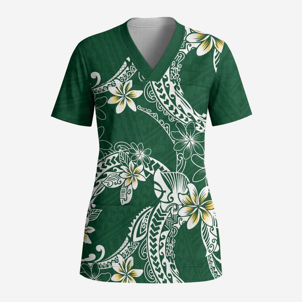 Polynesian Hawaiian Plumeria Tribal Pattern Scrub Top Green Version LT01 Adult Green - Polynesian Pride
