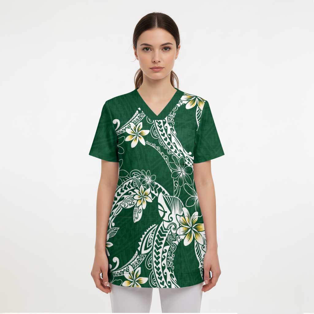 Polynesian Hawaiian Plumeria Tribal Pattern Scrub Top Green Version - Polynesian Pride