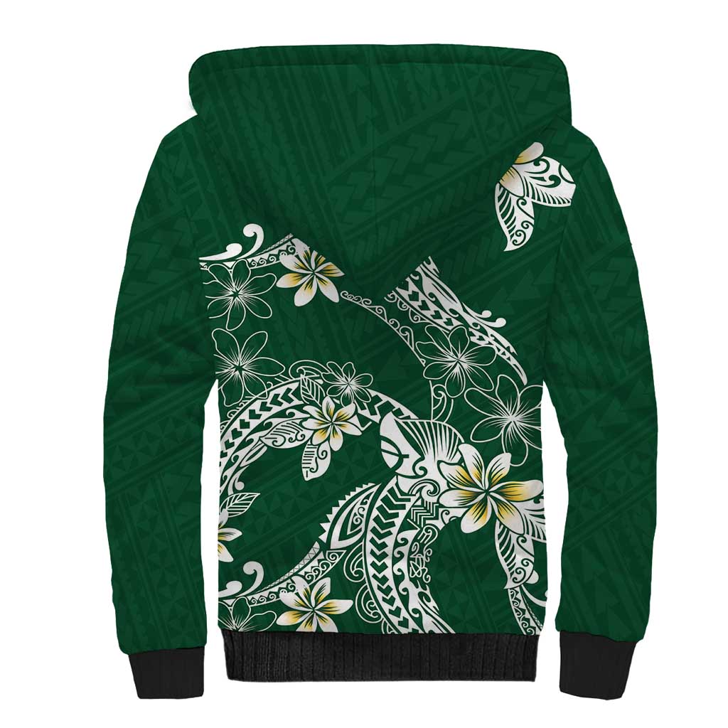 Polynesian Hawaiian Plumeria Tribal Pattern Sherpa Hoodie Green Version