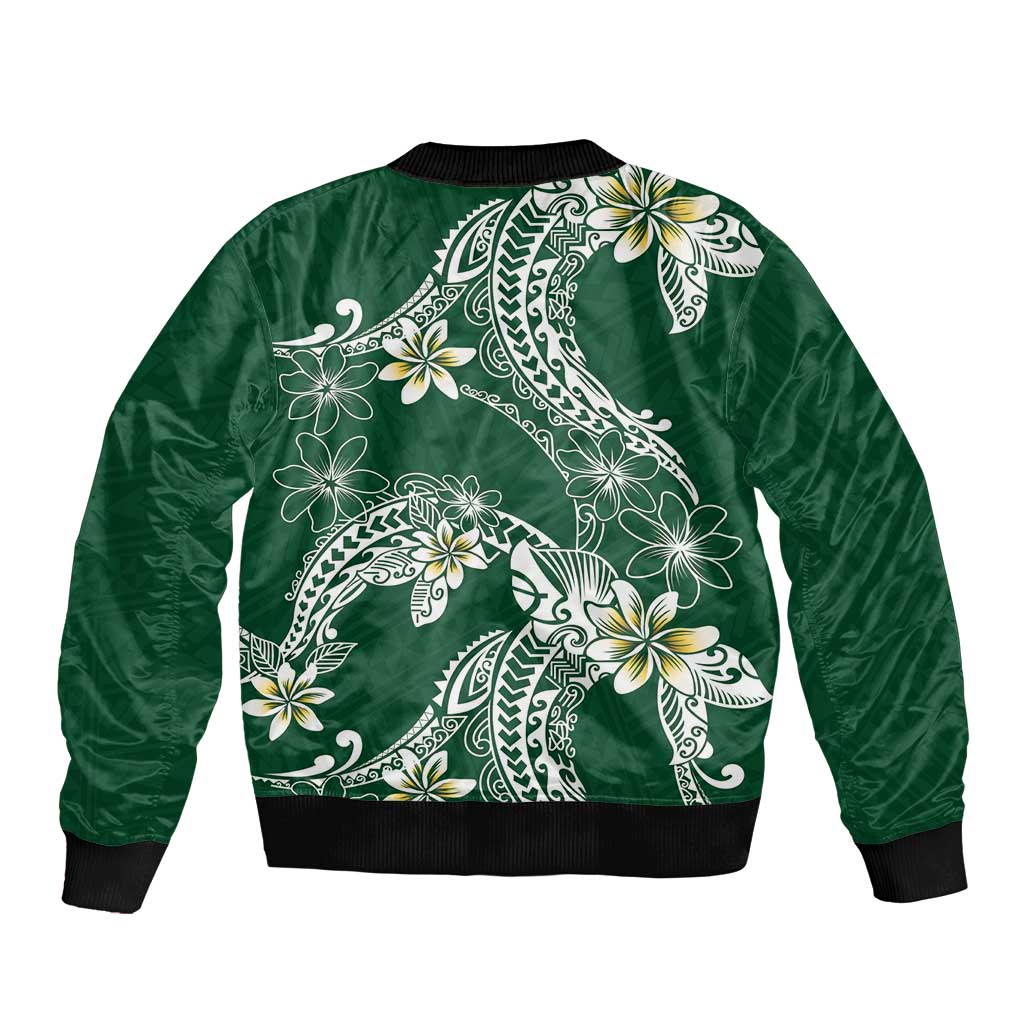 Polynesian Hawaiian Plumeria Tribal Pattern Sleeve Zip Bomber Jacket Green Version LT01 - Polynesian Pride