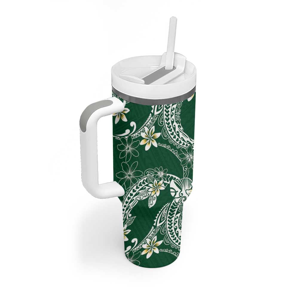 Polynesian Hawaiian Plumeria Tribal Pattern Tumbler With Handle Green Version