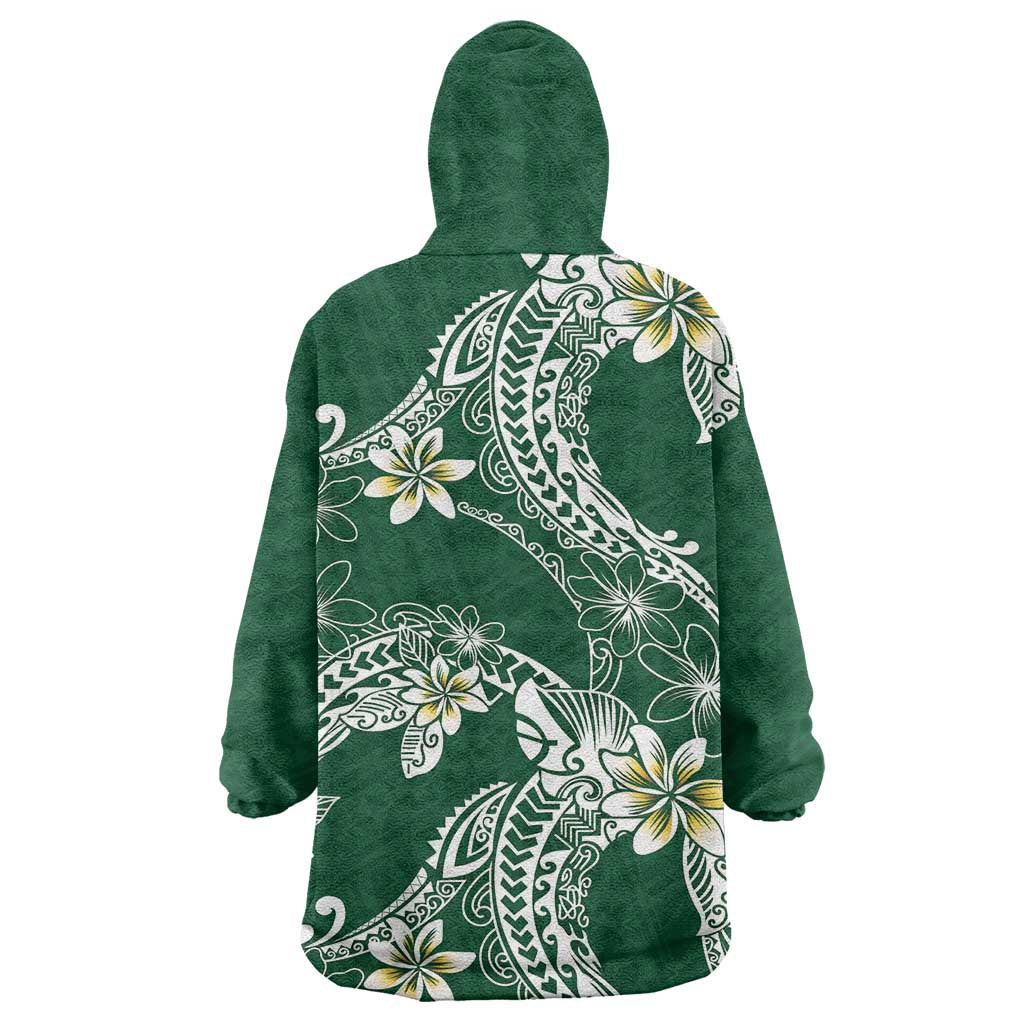 Polynesian Hawaiian Plumeria Tribal Pattern Wearable Blanket Hoodie Green Version