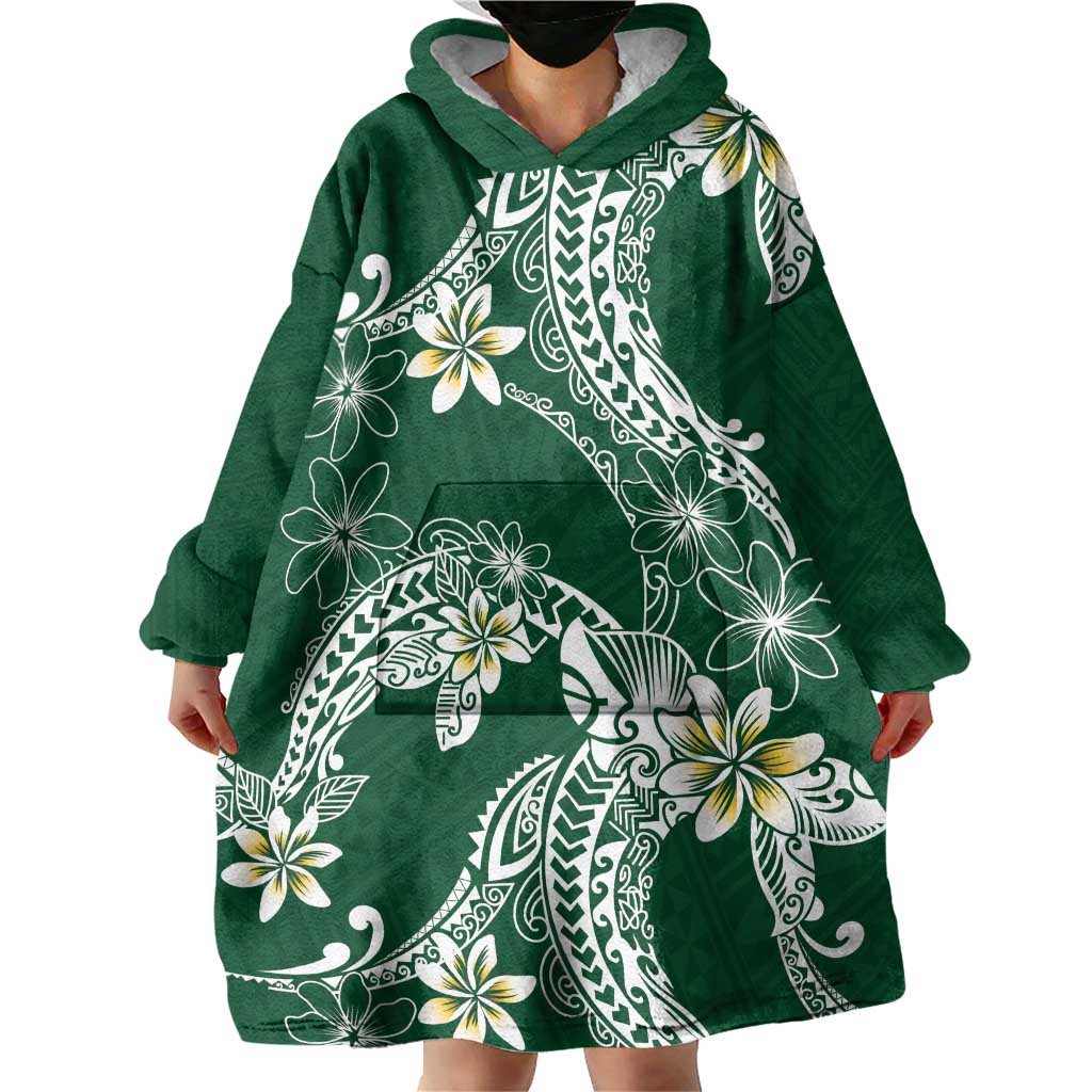 Polynesian Hawaiian Plumeria Tribal Pattern Wearable Blanket Hoodie Green Version