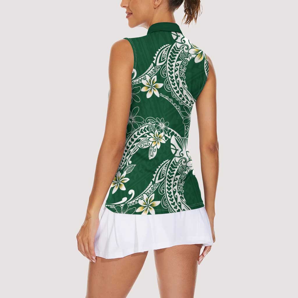 Polynesian Hawaiian Plumeria Tribal Pattern Women Sleeveless Polo Shirt Green Version