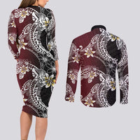 Polynesian Hawaiian Plumeria Tribal Pattern Couples Matching Long Sleeve Bodycon Dress and Long Sleeve Button Shirt Special Wine Red Version