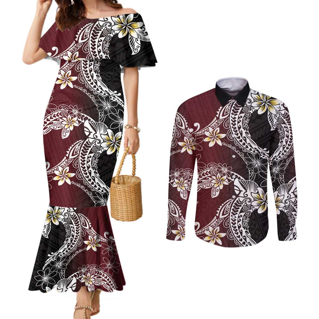 Polynesian Hawaiian Plumeria Tribal Pattern Couples Matching Mermaid Dress and Long Sleeve Button Shirt Special Wine Red Version LT01 Red - Polynesian Pride
