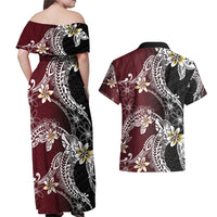 Polynesian Hawaiian Plumeria Tribal Pattern Couples Matching Off Shoulder Maxi Dress and Hawaiian Shirt Special Wine Red Version