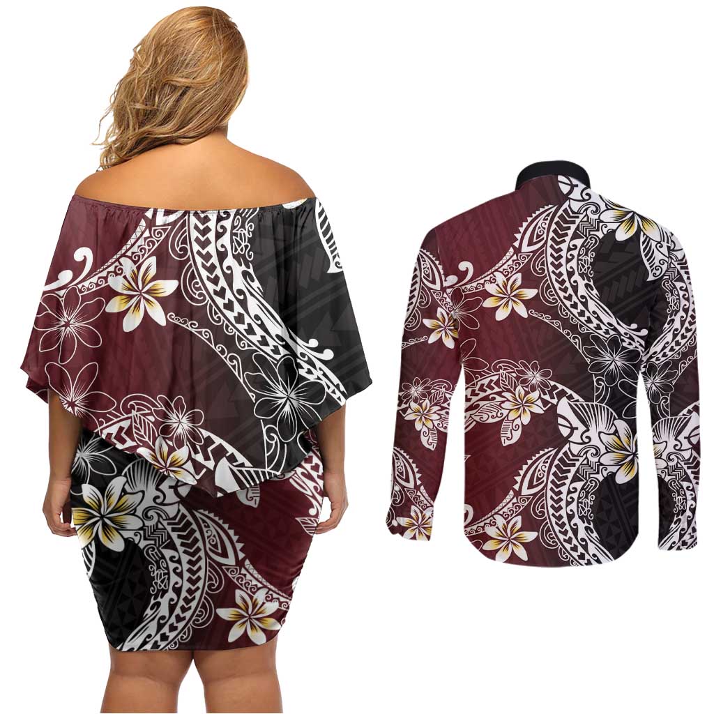 Polynesian Hawaiian Plumeria Tribal Pattern Couples Matching Off Shoulder Short Dress and Long Sleeve Button Shirt Special Wine Red Version