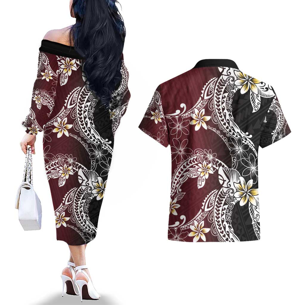 Polynesian Hawaiian Plumeria Tribal Pattern Couples Matching Off The Shoulder Long Sleeve Dress and Hawaiian Shirt Special Wine Red Version