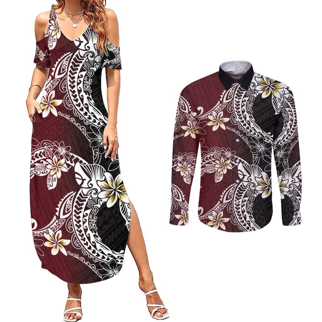 Polynesian Hawaiian Plumeria Tribal Pattern Couples Matching Summer Maxi Dress and Long Sleeve Button Shirt Special Wine Red Version LT01 Red - Polynesian Pride