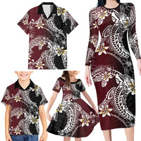Polynesian Hawaiian Plumeria Tribal Pattern Family Matching Long Sleeve Bodycon Dress and Hawaiian Shirt Special Wine Red Version