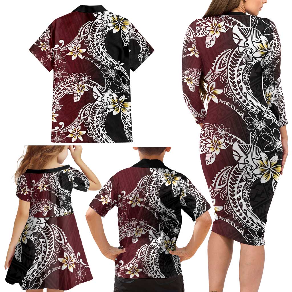 Polynesian Hawaiian Plumeria Tribal Pattern Family Matching Long Sleeve Bodycon Dress and Hawaiian Shirt Special Wine Red Version