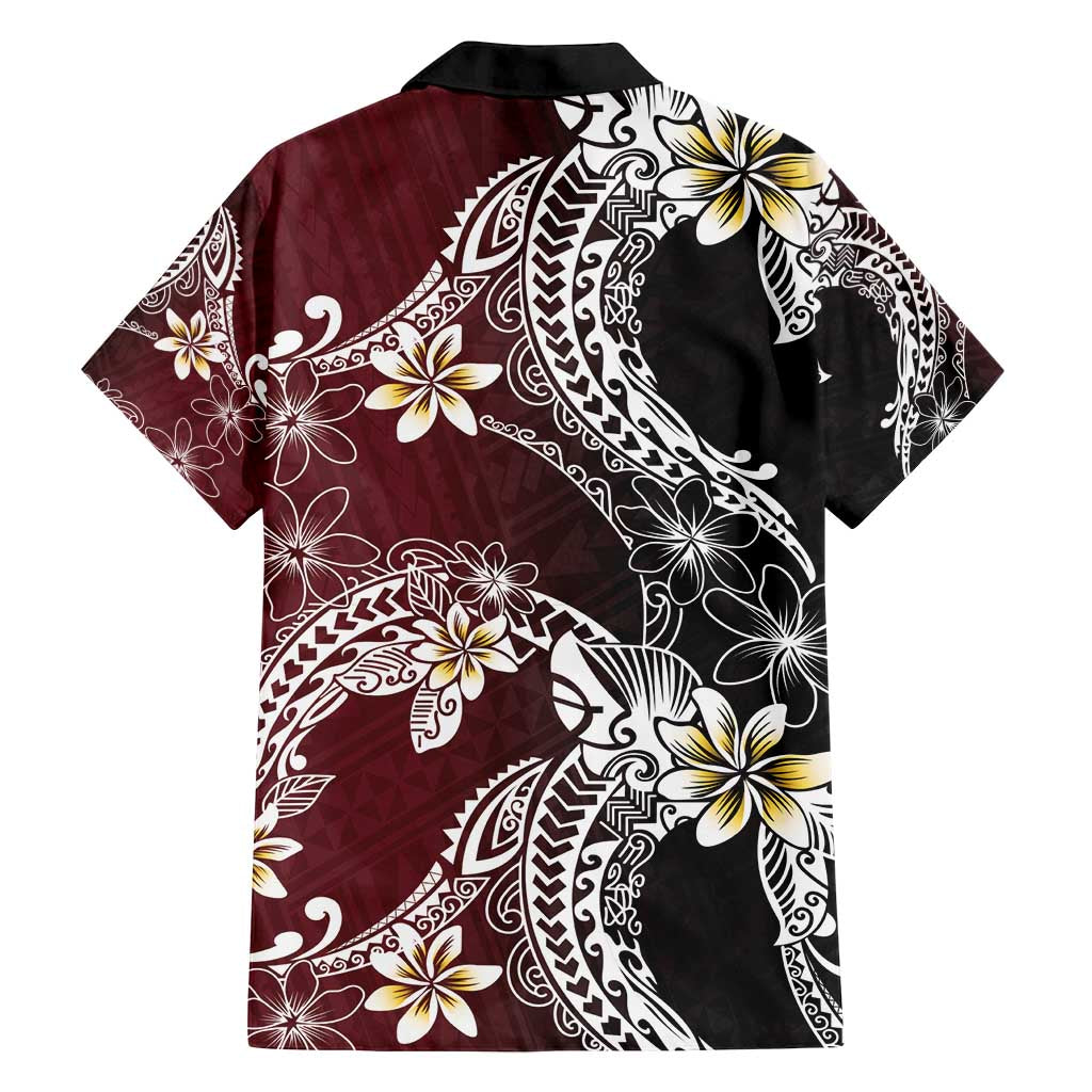 Polynesian Hawaiian Plumeria Tribal Pattern Family Matching Long Sleeve Bodycon Dress and Hawaiian Shirt Special Wine Red Version