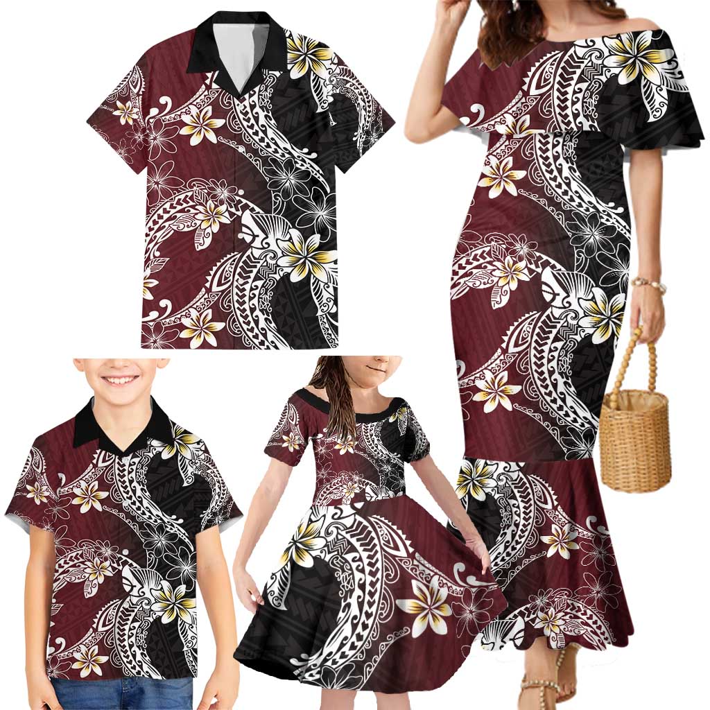 Polynesian Hawaiian Plumeria Tribal Pattern Family Matching Mermaid Dress and Hawaiian Shirt Special Wine Red Version