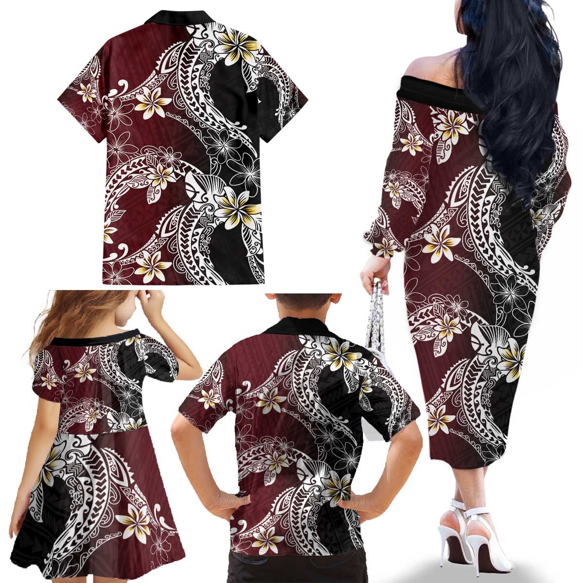 Polynesian Hawaiian Plumeria Tribal Pattern Family Matching Off The Shoulder Long Sleeve Dress and Hawaiian Shirt Special Wine Red Version