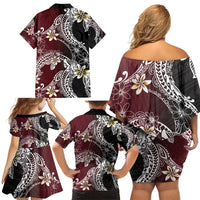 Polynesian Hawaiian Plumeria Tribal Pattern Family Matching Off Shoulder Short Dress and Hawaiian Shirt Special Wine Red Version