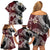 Polynesian Hawaiian Plumeria Tribal Pattern Family Matching Off Shoulder Short Dress and Hawaiian Shirt Special Wine Red Version