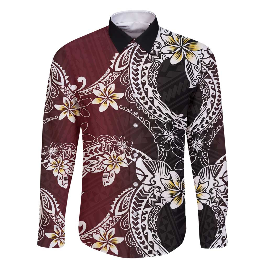Polynesian Hawaiian Plumeria Tribal Pattern Family Matching Short Sleeve Bodycon Dress and Hawaiian Shirt Special Wine Red Version