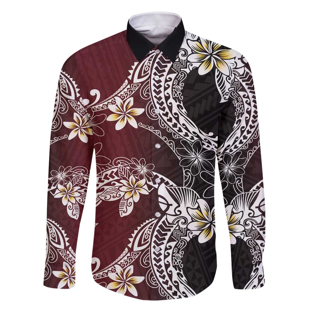 Polynesian Hawaiian Plumeria Tribal Pattern Family Matching Summer Maxi Dress and Hawaiian Shirt Special Wine Red Version