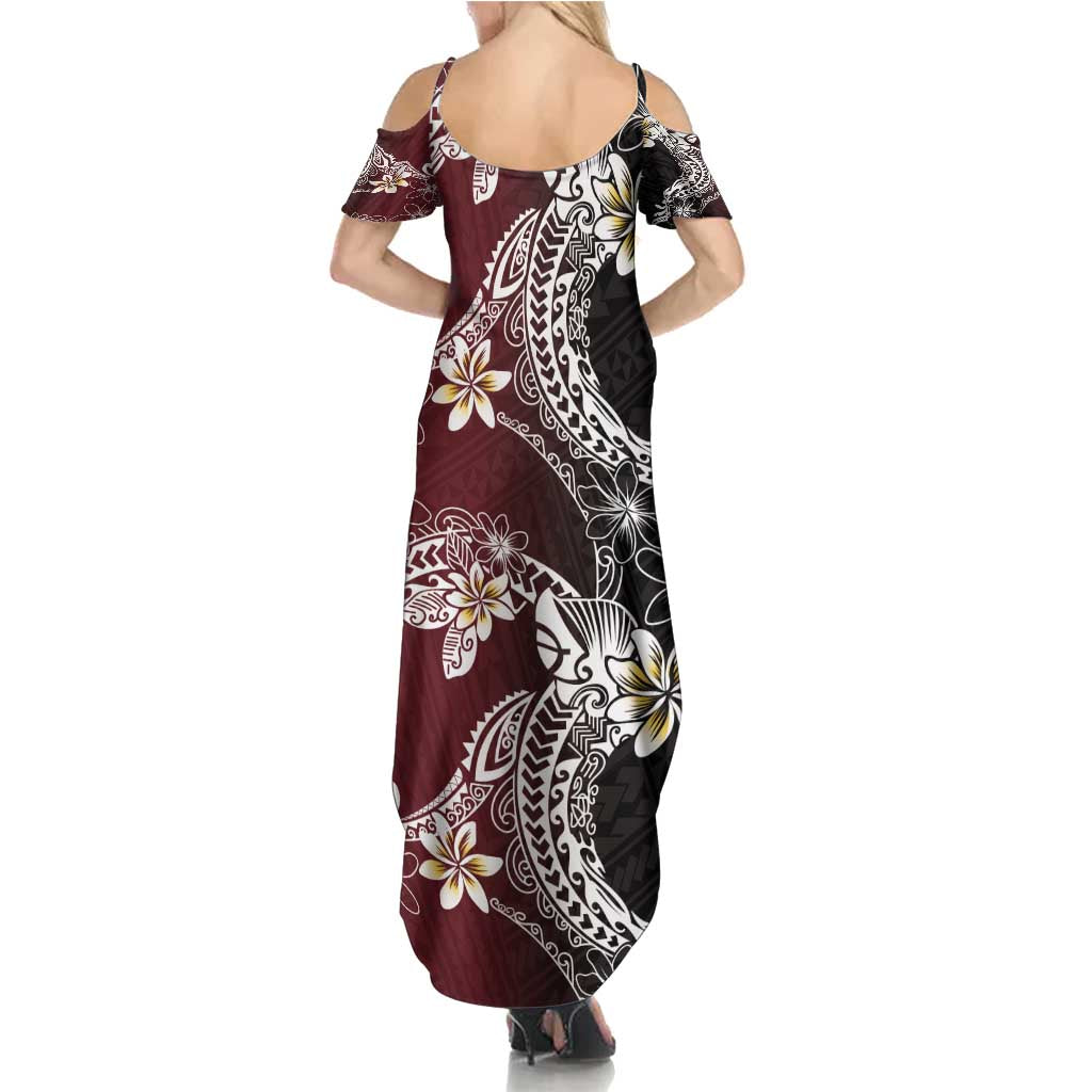 Polynesian Hawaiian Plumeria Tribal Pattern Family Matching Summer Maxi Dress and Hawaiian Shirt Special Wine Red Version