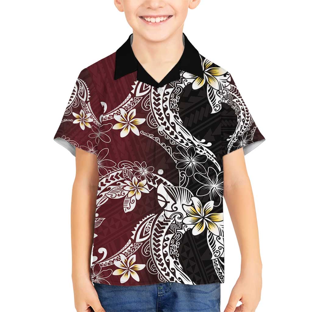 Polynesian Hawaiian Plumeria Tribal Pattern Family Matching Tank Maxi Dress and Hawaiian Shirt Special Wine Red Version