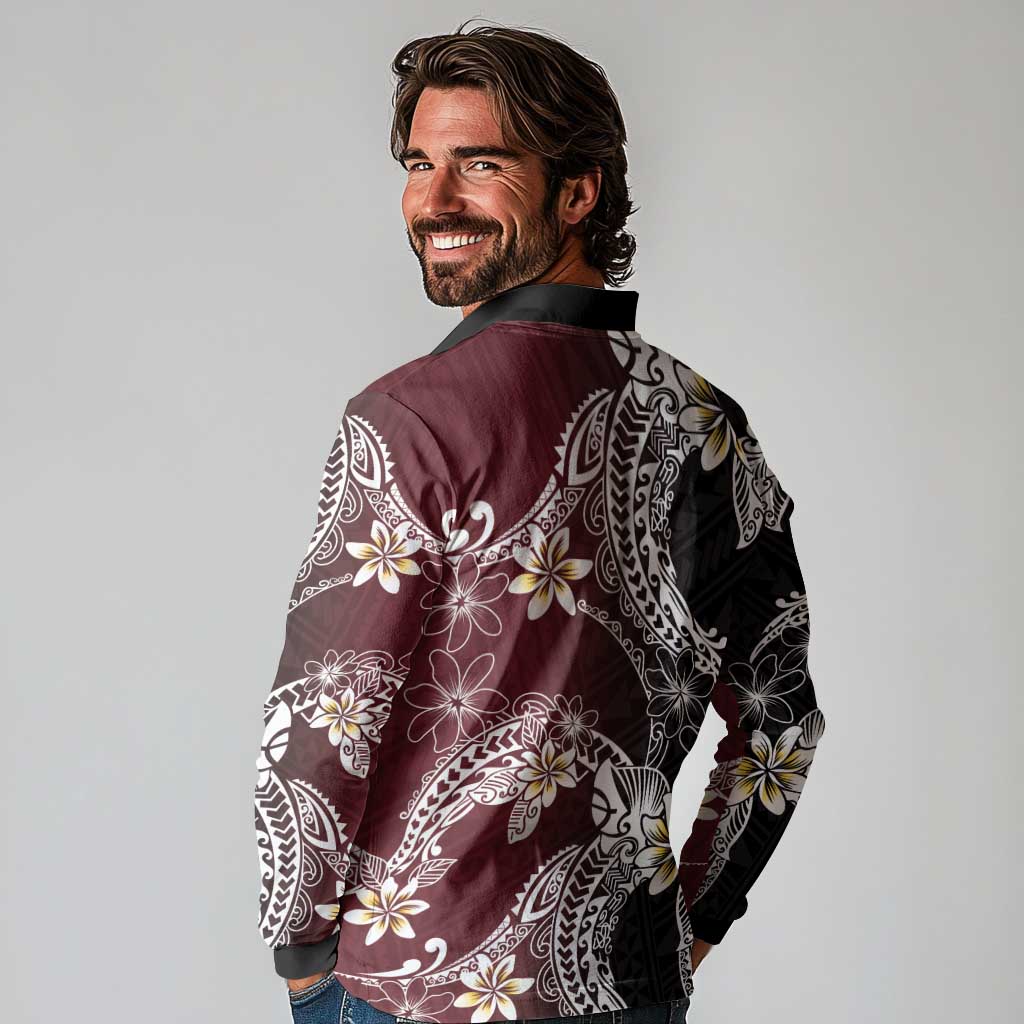 Polynesian Hawaiian Plumeria Tribal Pattern Long Sleeve Polo Shirt Special Wine Red Version