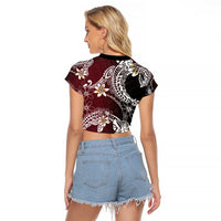 Polynesian Hawaiian Plumeria Tribal Pattern Raglan Cropped T Shirt Special Wine Red Version