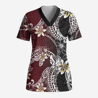 Polynesian Hawaiian Plumeria Tribal Pattern Scrub Top Special Wine Red Version - Polynesian Pride