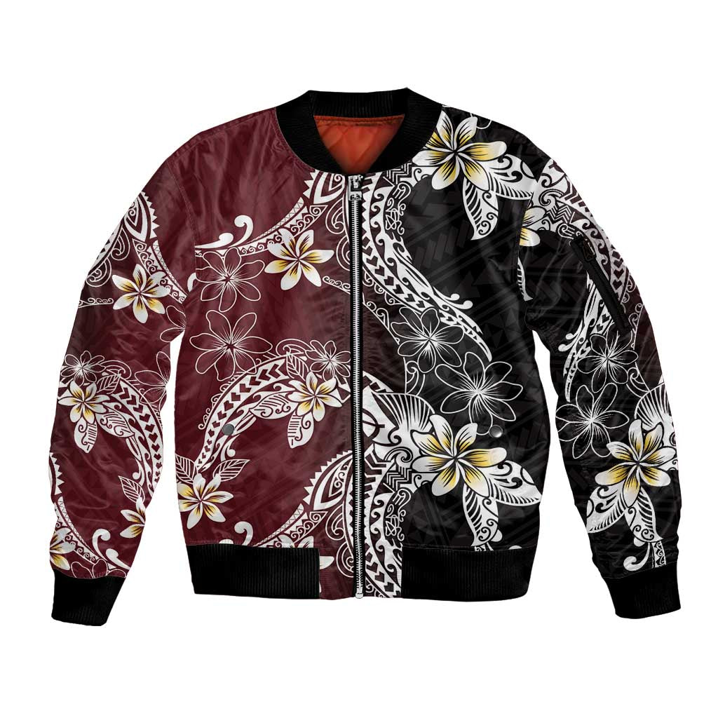 Polynesian Hawaiian Plumeria Tribal Pattern Sleeve Zip Bomber Jacket Special Wine Red Version LT01 Unisex Red - Polynesian Pride