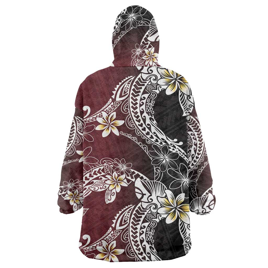 Polynesian Hawaiian Plumeria Tribal Pattern Wearable Blanket Hoodie Special Wine Red Version
