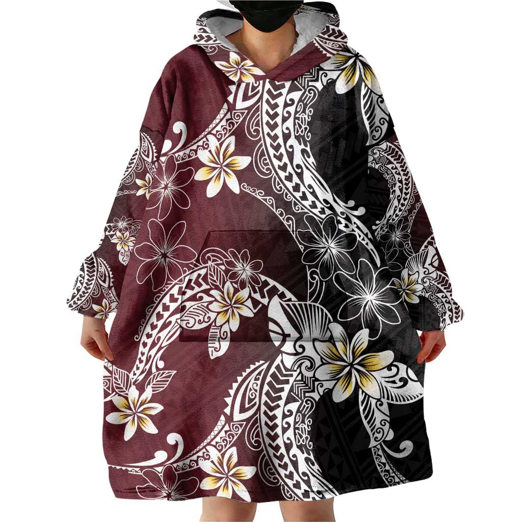 Polynesian Hawaiian Plumeria Tribal Pattern Wearable Blanket Hoodie Special Wine Red Version