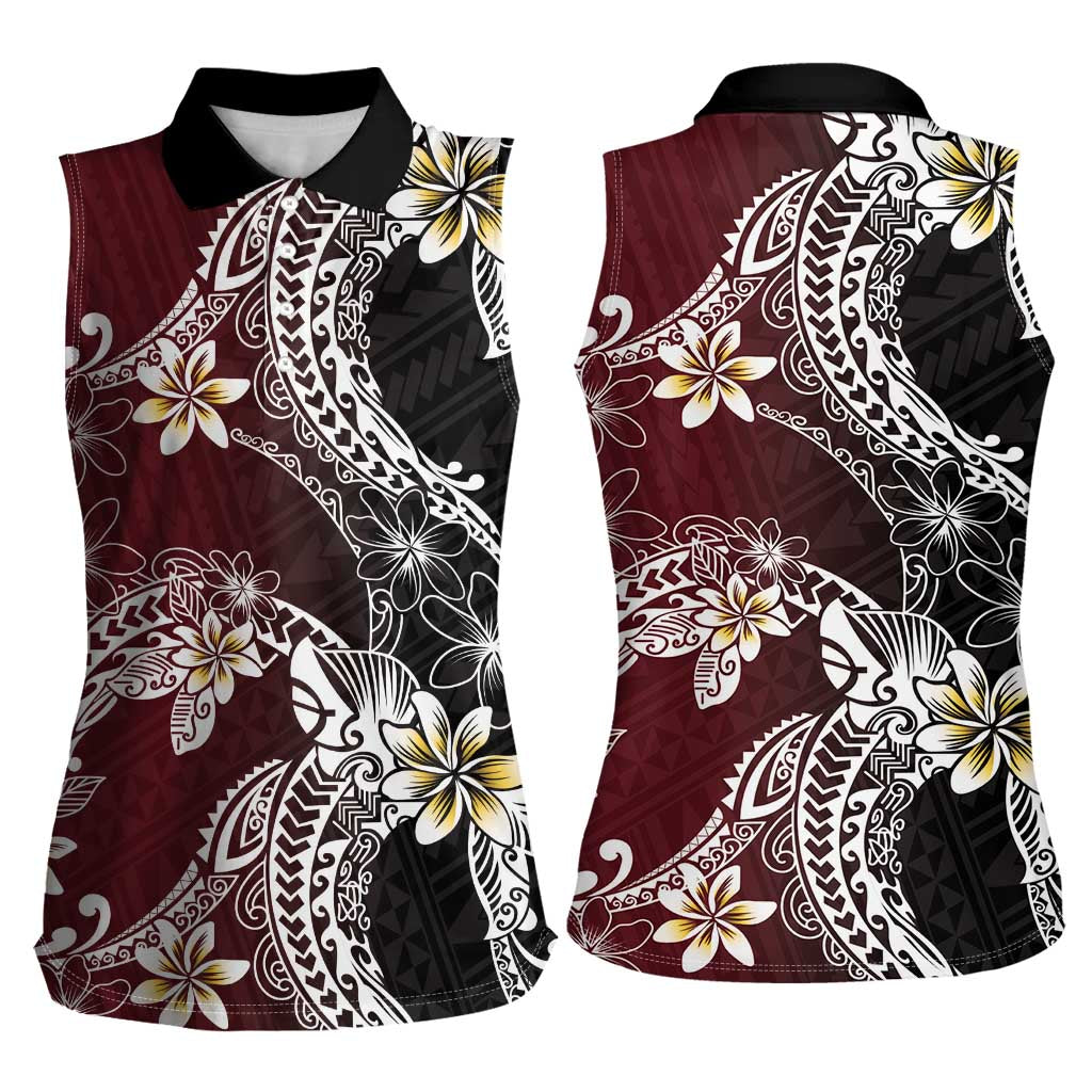 Polynesian Hawaiian Plumeria Tribal Pattern Women Sleeveless Polo Shirt Special Wine Red Version