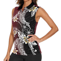 Polynesian Hawaiian Plumeria Tribal Pattern Women Sleeveless Polo Shirt Special Wine Red Version