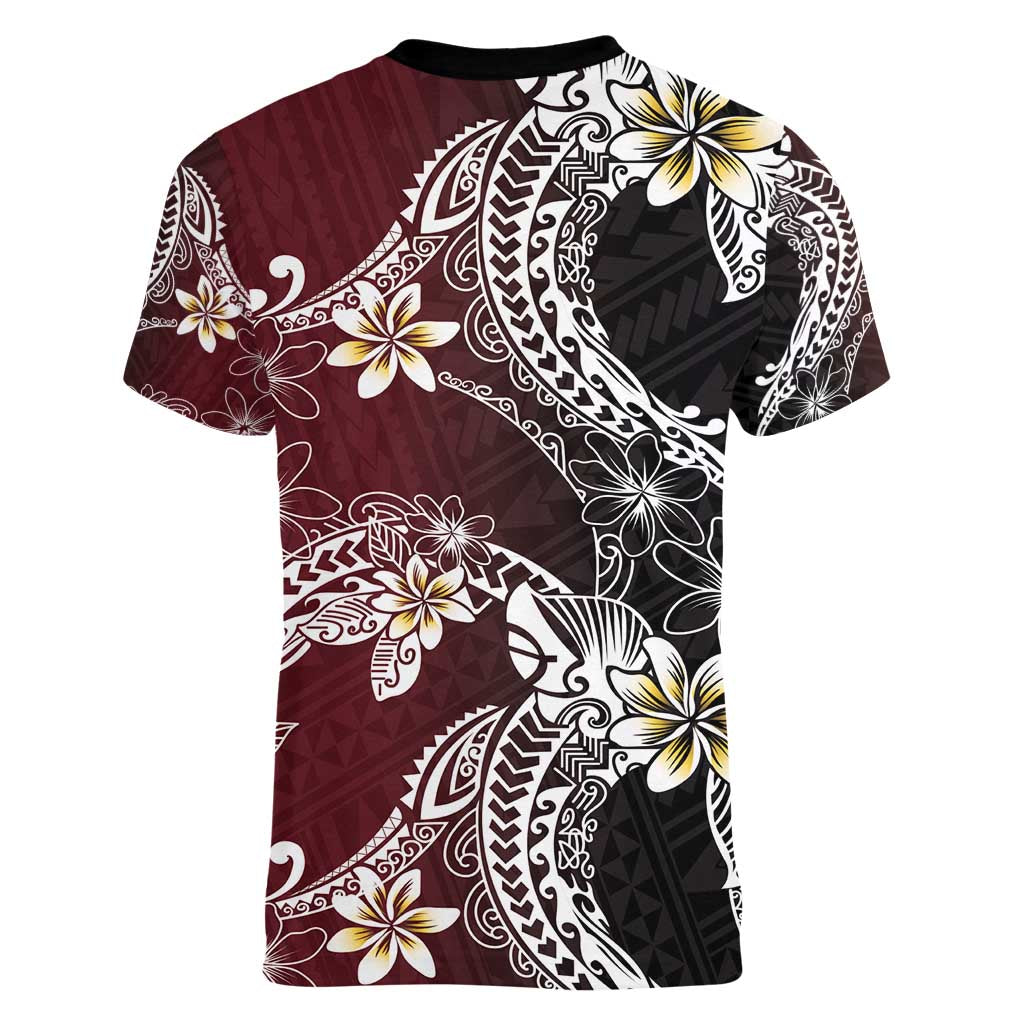 Polynesian Hawaiian Plumeria Tribal Pattern Women V-Neck T-Shirt Special Wine Red Version