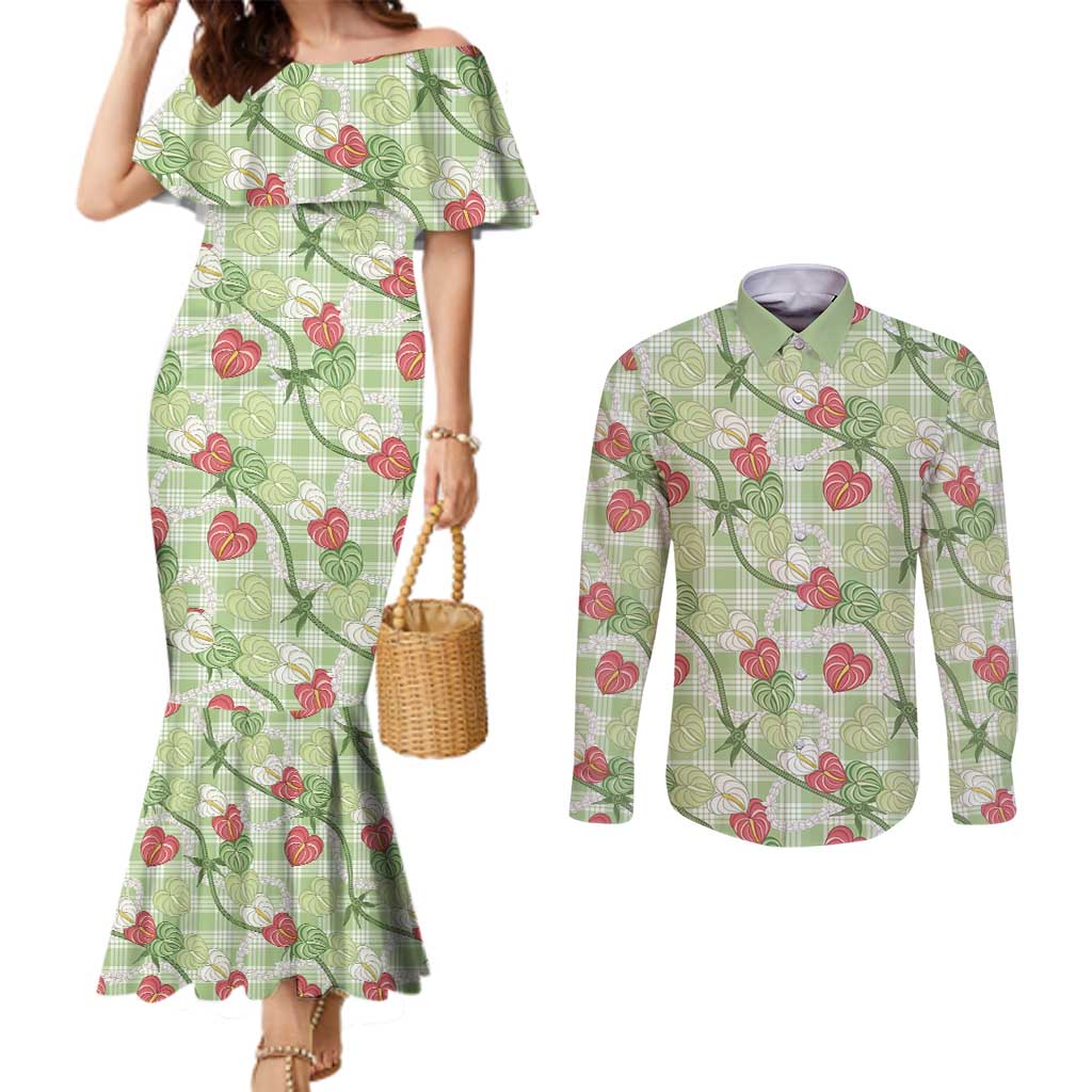 Anthurium Pikake Ti Leaf Palaka Couples Matching Mermaid Dress and Long Sleeve Button Shirt Green Version LT01 Green - Polynesian Pride