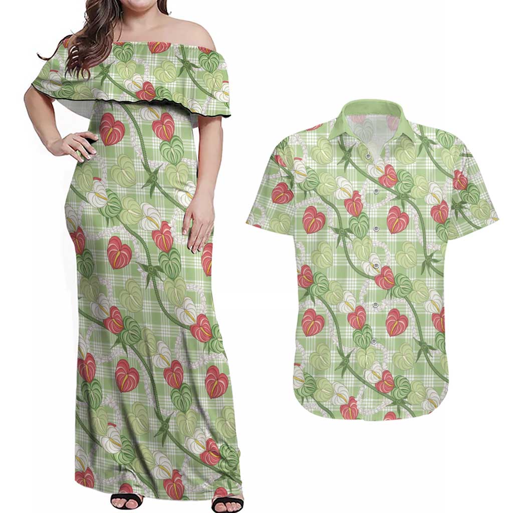 Anthurium Pikake Ti Leaf Palaka Couples Matching Off Shoulder Maxi Dress and Hawaiian Shirt Green Version LT01 Green - Polynesian Pride