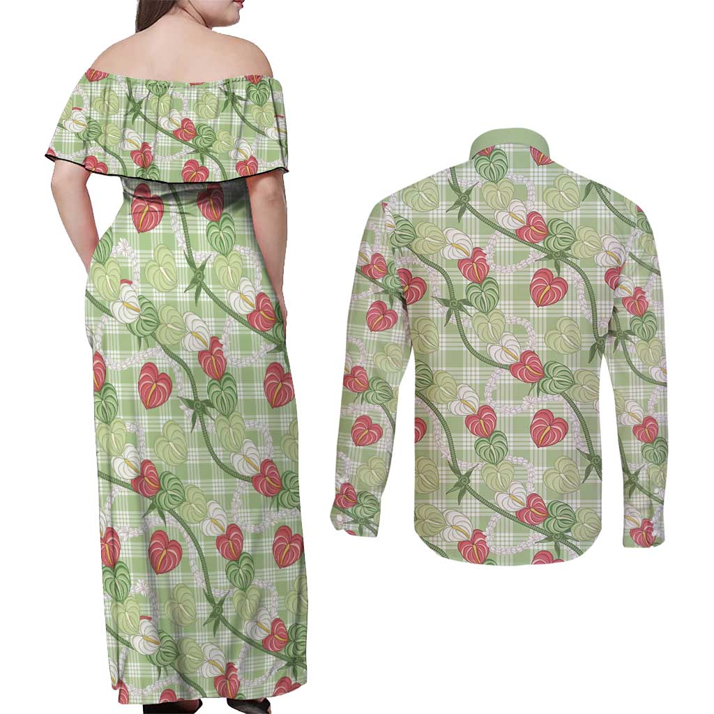 Anthurium Pikake Ti Leaf Palaka Couples Matching Off Shoulder Maxi Dress and Long Sleeve Button Shirt Green Version LT01 - Polynesian Pride