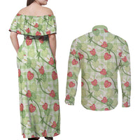 Anthurium Pikake Ti Leaf Palaka Couples Matching Off Shoulder Maxi Dress and Long Sleeve Button Shirt Green Version LT01 - Polynesian Pride