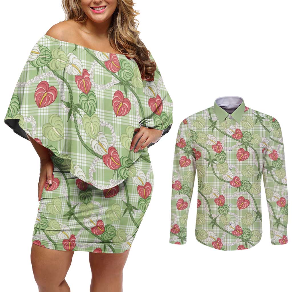Anthurium Pikake Ti Leaf Palaka Couples Matching Off Shoulder Short Dress and Long Sleeve Button Shirt Green Version LT01 Green - Polynesian Pride