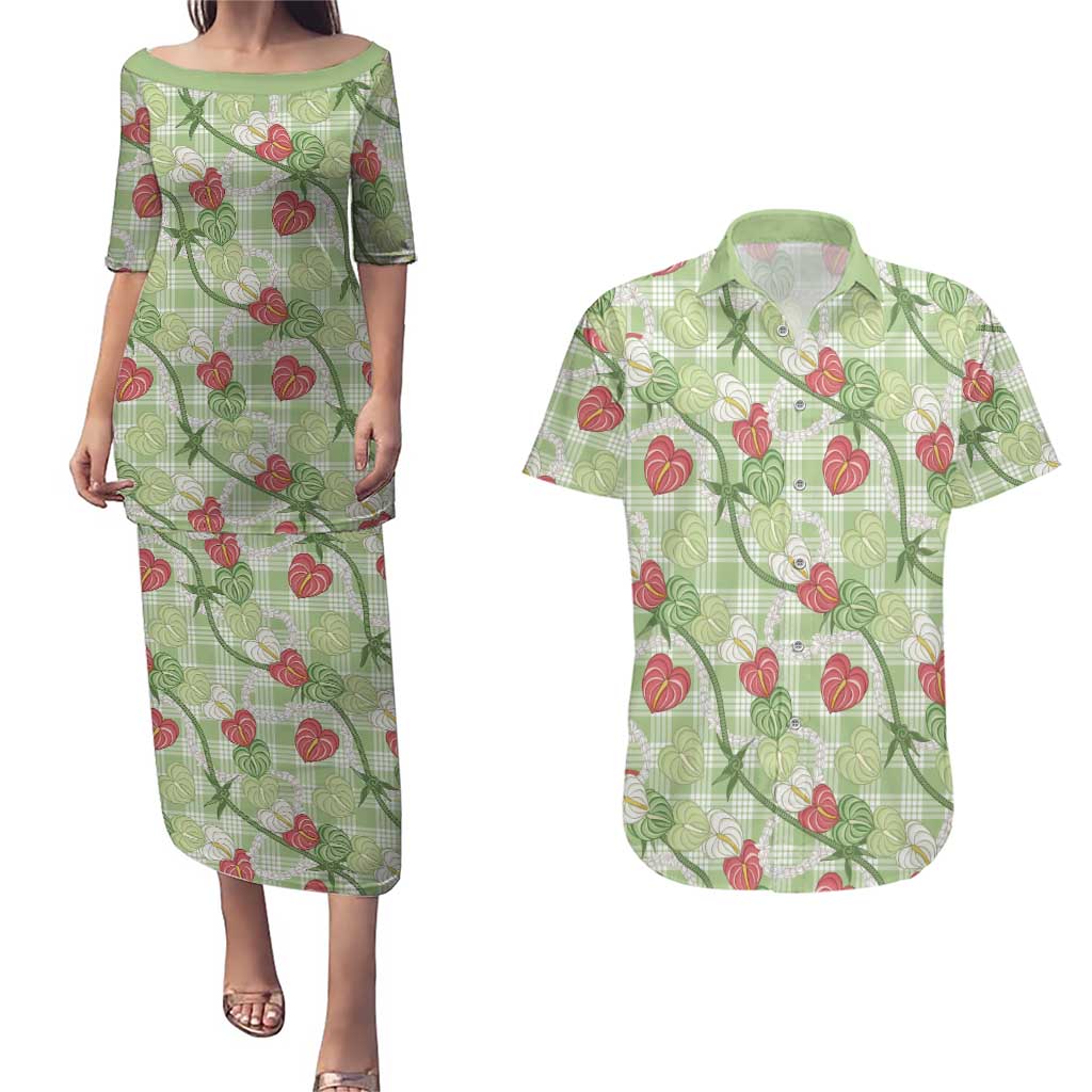 Anthurium Pikake Ti Leaf Palaka Couples Matching Puletasi and Hawaiian Shirt Green Version