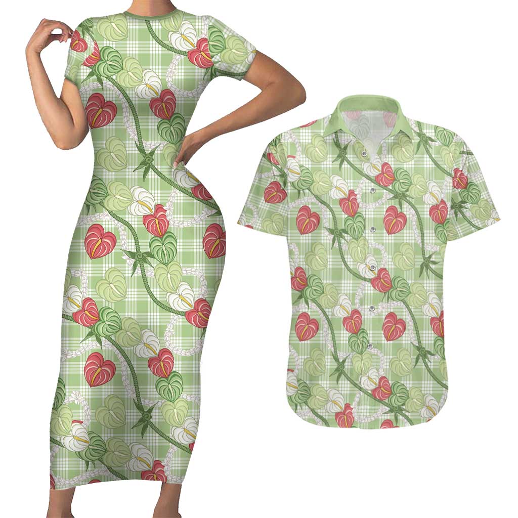 Anthurium Pikake Ti Leaf Palaka Couples Matching Short Sleeve Bodycon Dress and Hawaiian Shirt Green Version LT01 Green - Polynesian Pride
