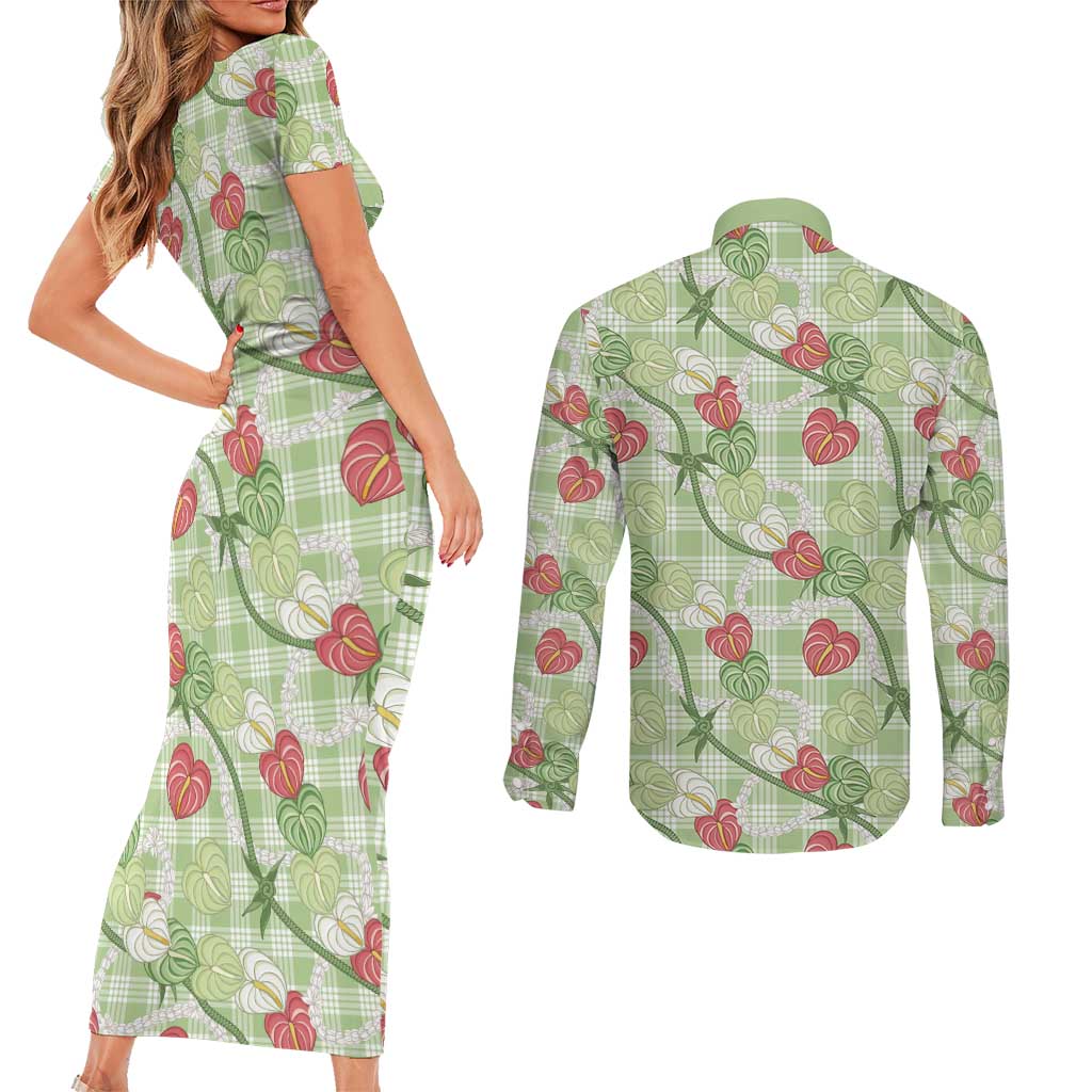 Anthurium Pikake Ti Leaf Palaka Couples Matching Short Sleeve Bodycon Dress and Long Sleeve Button Shirt Green Version LT01 - Polynesian Pride