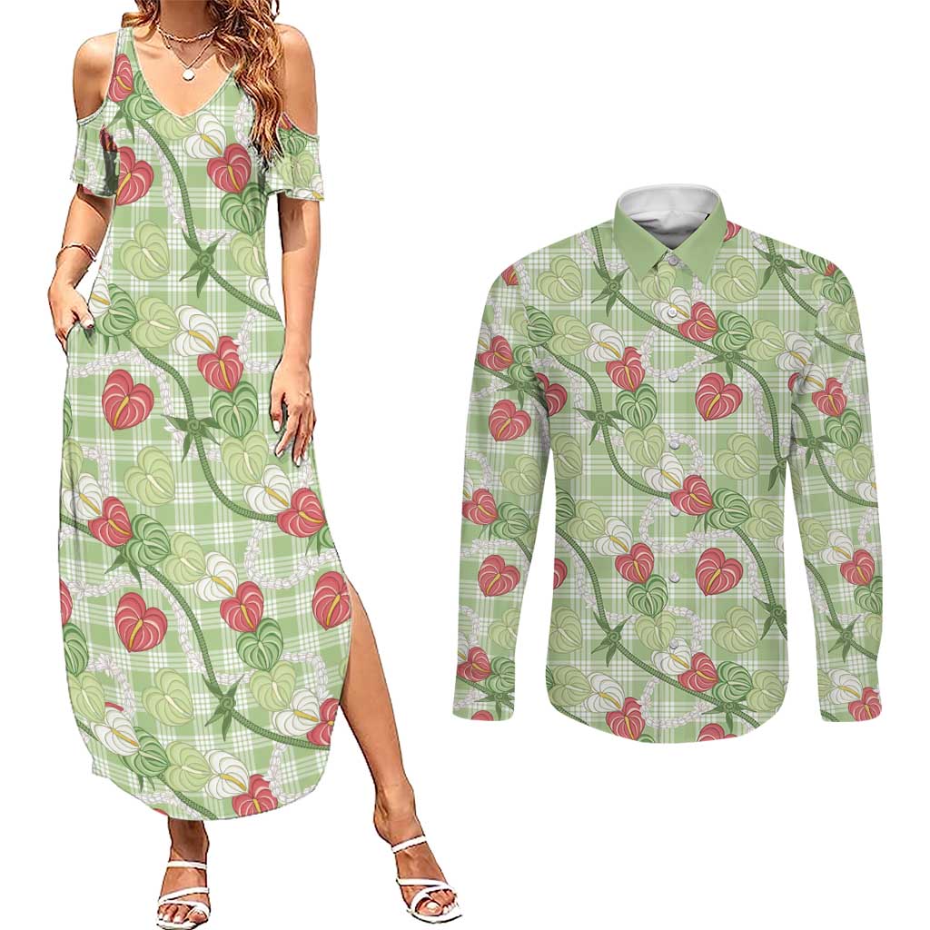 Anthurium Pikake Ti Leaf Palaka Couples Matching Summer Maxi Dress and Long Sleeve Button Shirt Green Version LT01 Green - Polynesian Pride