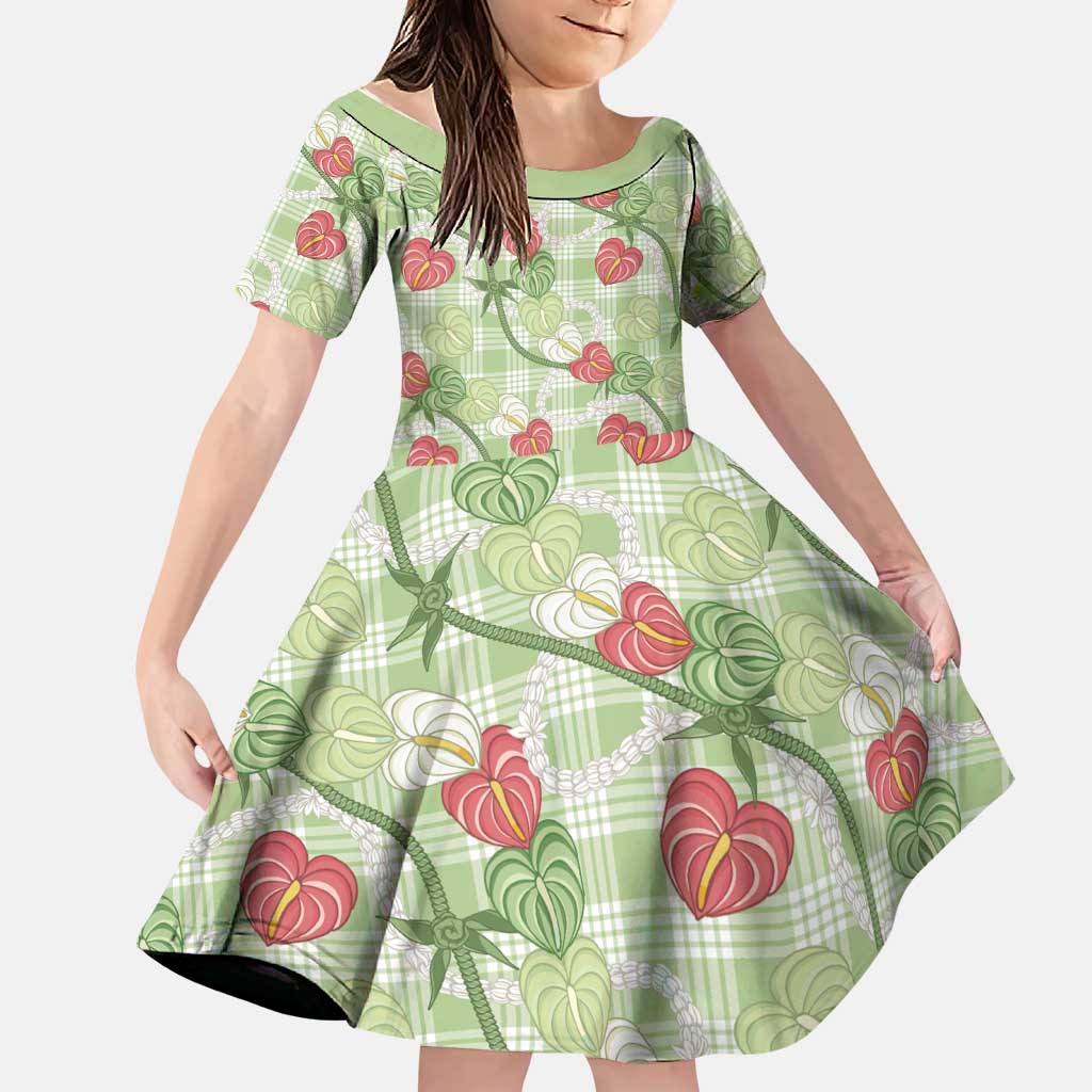 Anthurium Pikake Ti Leaf Palaka Family Matching Off The Shoulder Long Sleeve Dress and Hawaiian Shirt Green Version