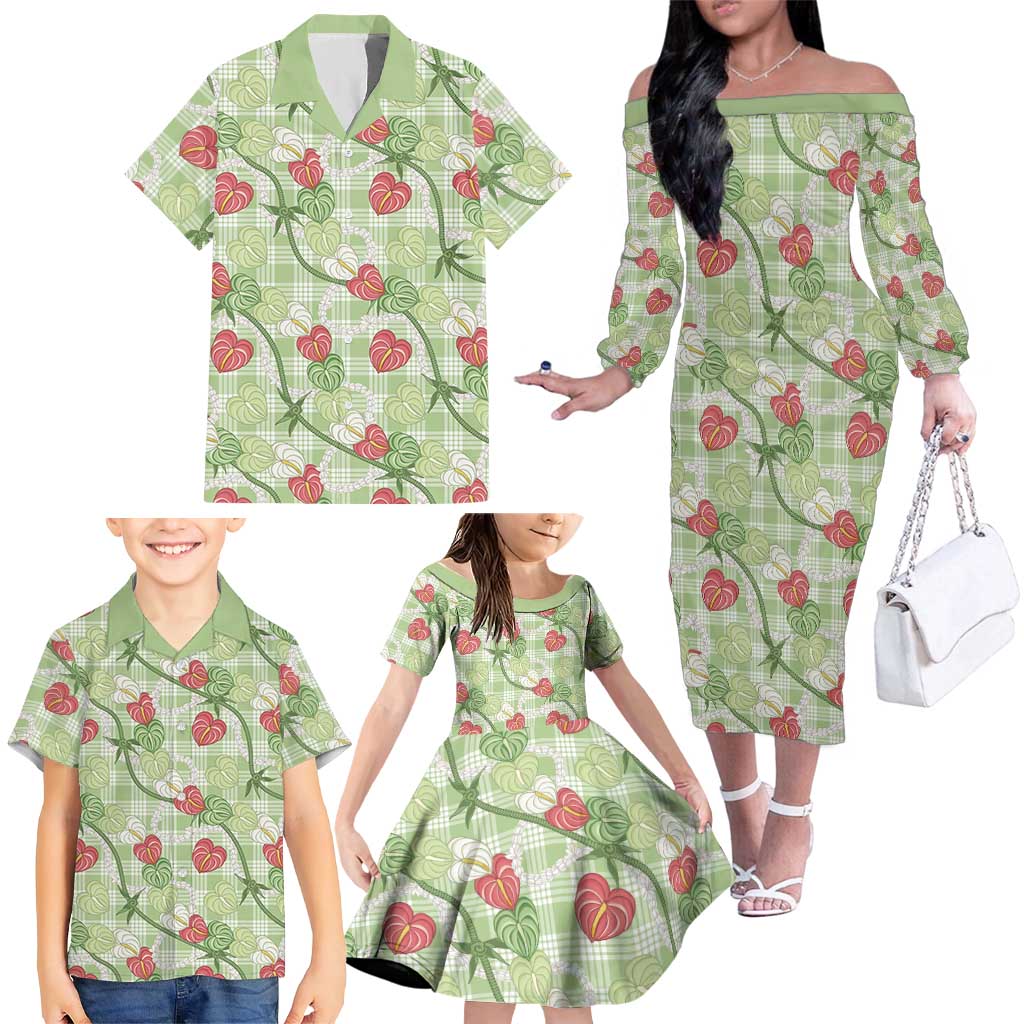 Anthurium Pikake Ti Leaf Palaka Family Matching Off The Shoulder Long Sleeve Dress and Hawaiian Shirt Green Version