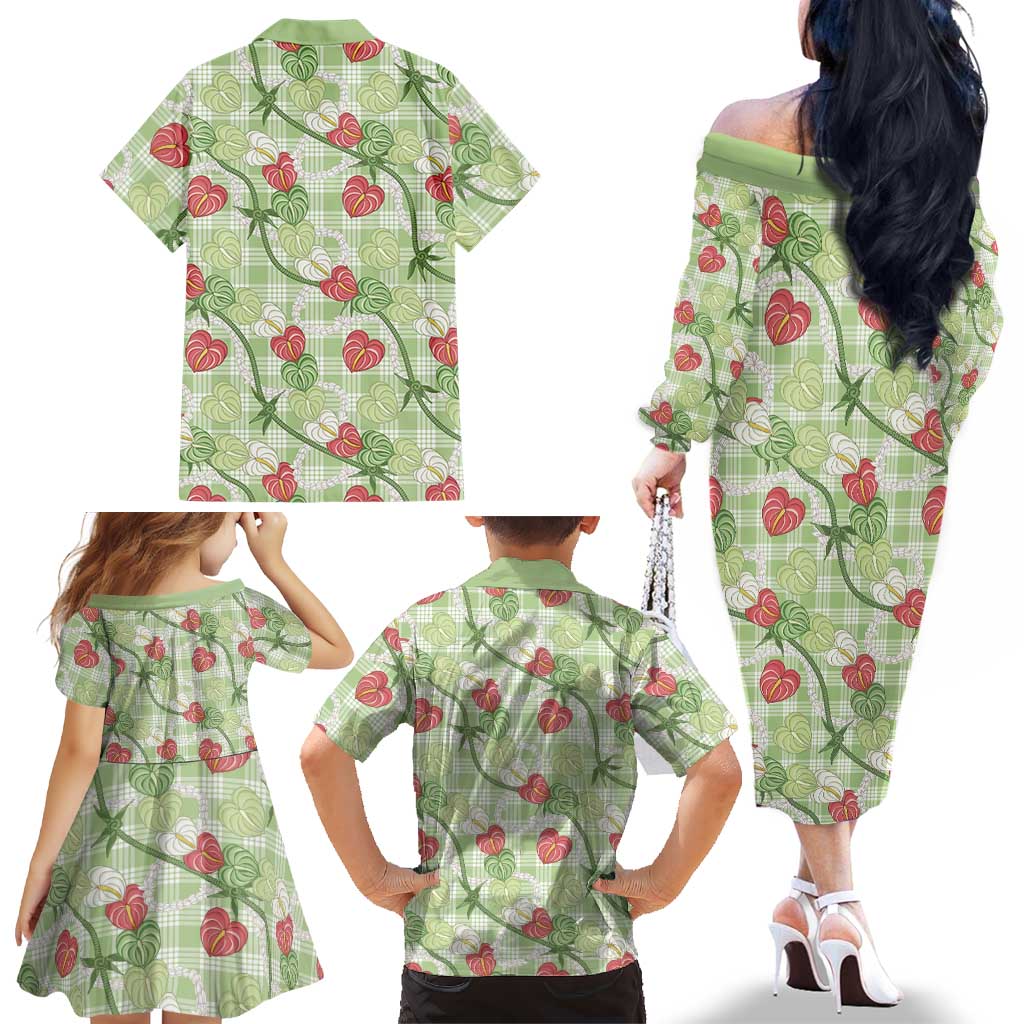 Anthurium Pikake Ti Leaf Palaka Family Matching Off The Shoulder Long Sleeve Dress and Hawaiian Shirt Green Version